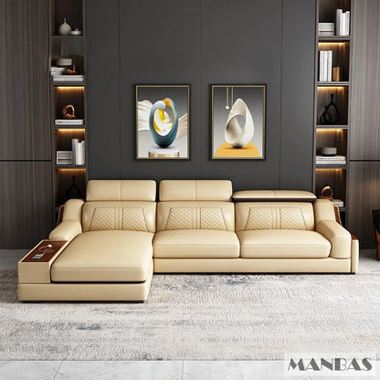 Modern Italian Genuine Leather Sofa for Living Room with Cup Holder, USB, Adjustable Headrests & Bluetooth Speaker - Linlamlim