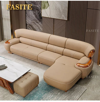 Modern new Chinese ebony leather sofa high-end villa solid wood first layer cowhide European living room luxury furniture