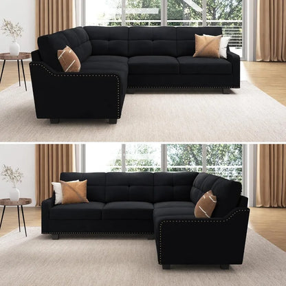 Convertible L-Shaped Sectional Sofa, Reversible Velvet Couch for Small Apartment Living Room, Black