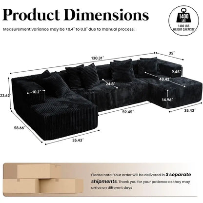 130 Black Modular Cloud Sofa with 2 Chaise Lounges, 4-in-1 Deep Seating Sectional Couch, Layered Foam Cushions, No Assembly Requ