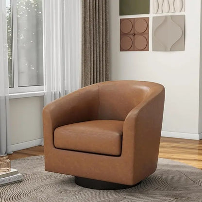 Faux Leather Swivel Barrel Accent Chairs, 360° Swivel Round Single Sofa Chair, Comfy Upholstered Club Armchair for Liv