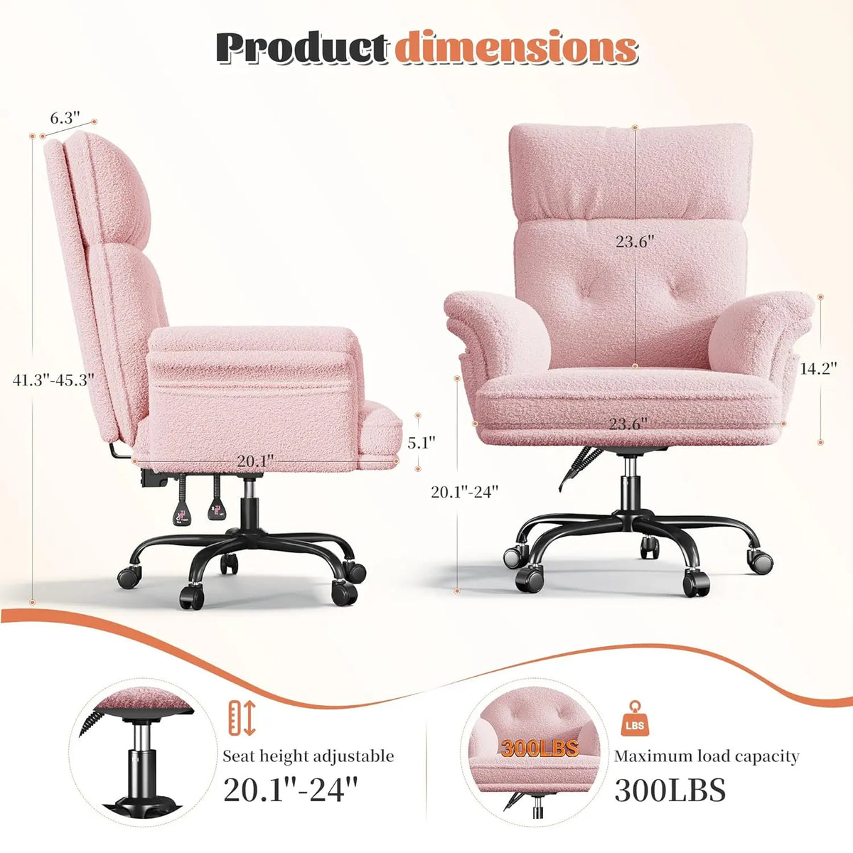 Big and Tall Office Chair with Adjustable Armrests & Wheels，145° Reclining Desk Chair Comfy,Pink Vanity Chair for, Customized