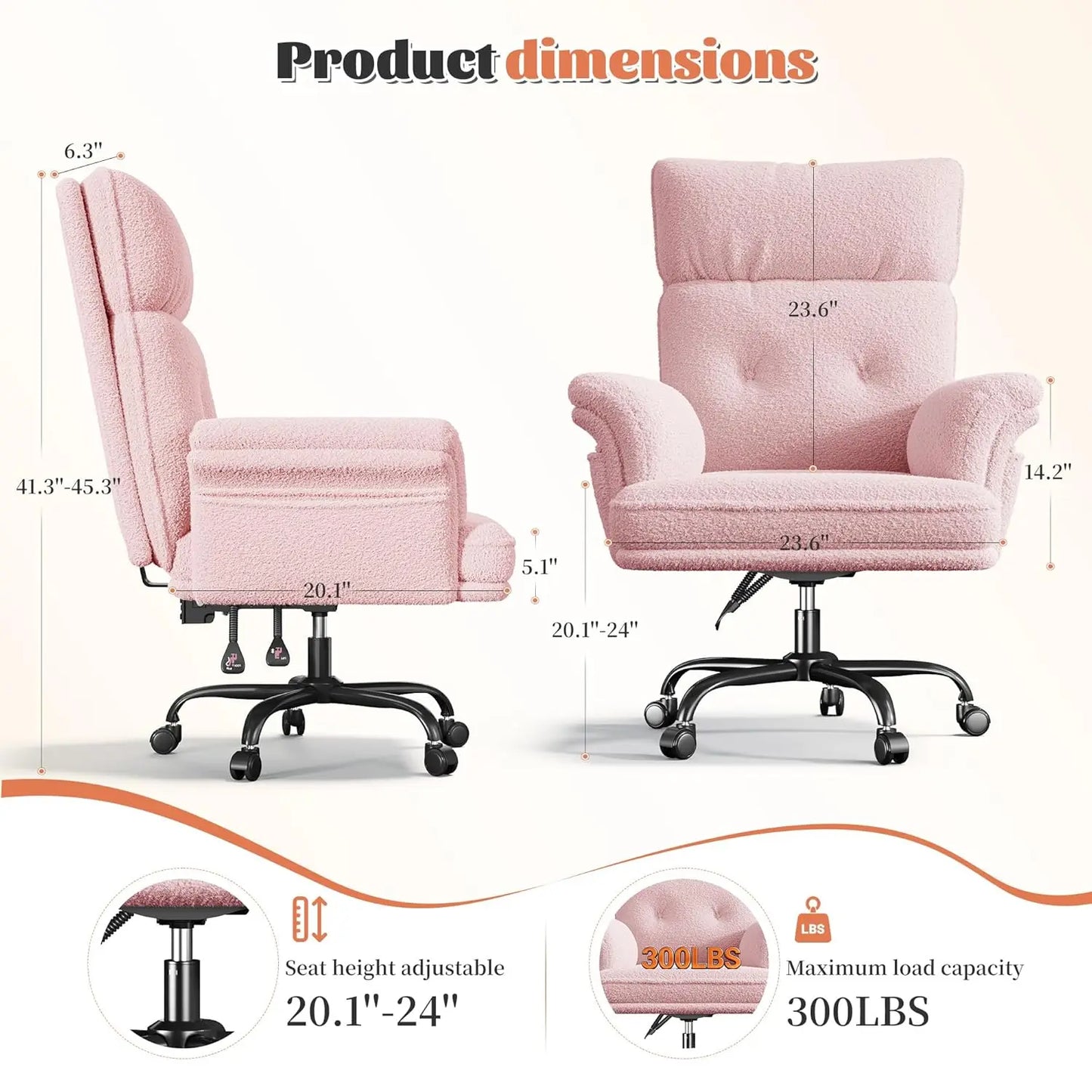 Big and Tall Office Chair with Adjustable Armrests & Wheels，145° Reclining Desk Chair Comfy,Pink Vanity Chair for, Customized