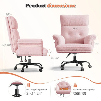 Big and Tall Office Chair with Adjustable Armrests & Wheels，145° Reclining Desk Chair Comfy,Pink Vanity Chair for, Customized