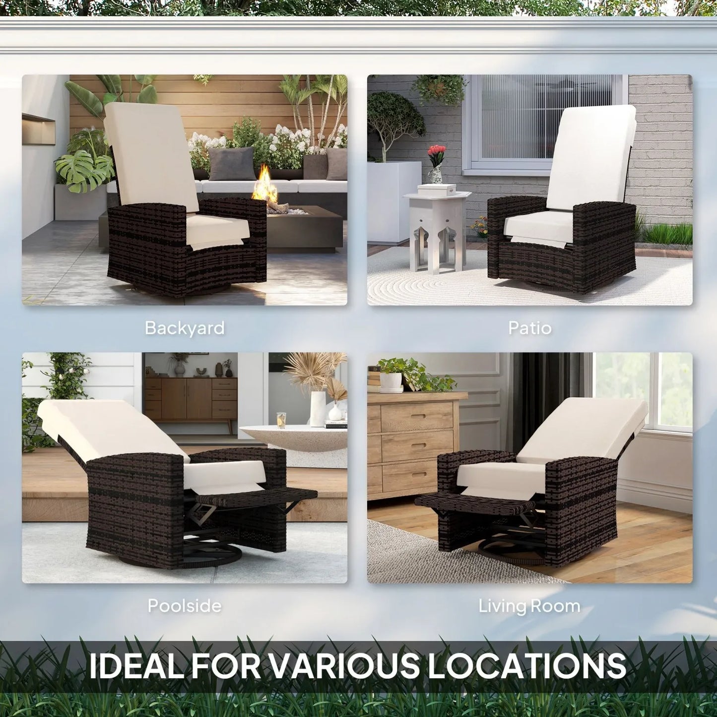 Outsunny Outdoor Wicker Swivel Recliner Chair, Lifting Footrest, ° Rotating , Water-resistant Cushions, Khaki