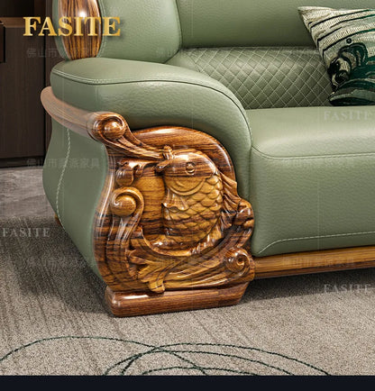 European ebony leather sofa large apartment luxury villa home living room new Chinese furniture solid wood carved fish