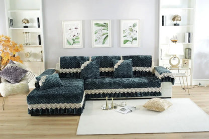 Embroidery Lace Sofa Cushion Gold Velvet Hemline Sofa Cover Autumn Winter European Couch Cover Solid Color Checkered Sofa Mat
