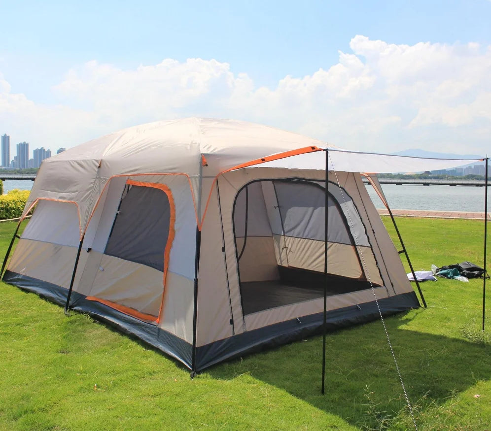 430/380/320cm Camping Tent 5-8-12 Person 3 Sizes Two-bedroom Tent Oversize Leisure Double-plies Rainproof Outdoor Family Tents
