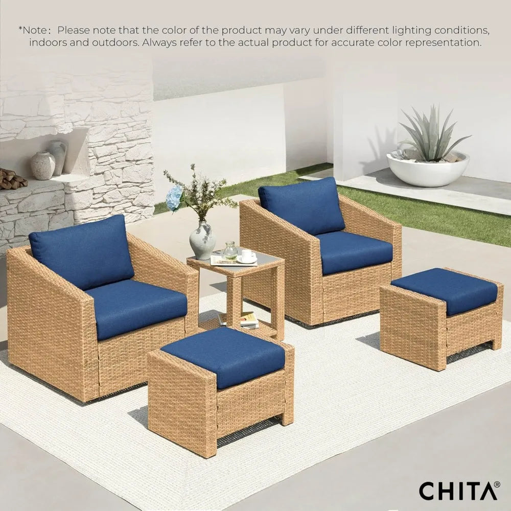 Furniture 5 Pieces Swivel Wicker Patio Furniture Set, Outdoor Conversation Set With 2 Pieces Rattan Swivel Chairs, 2 Pieces