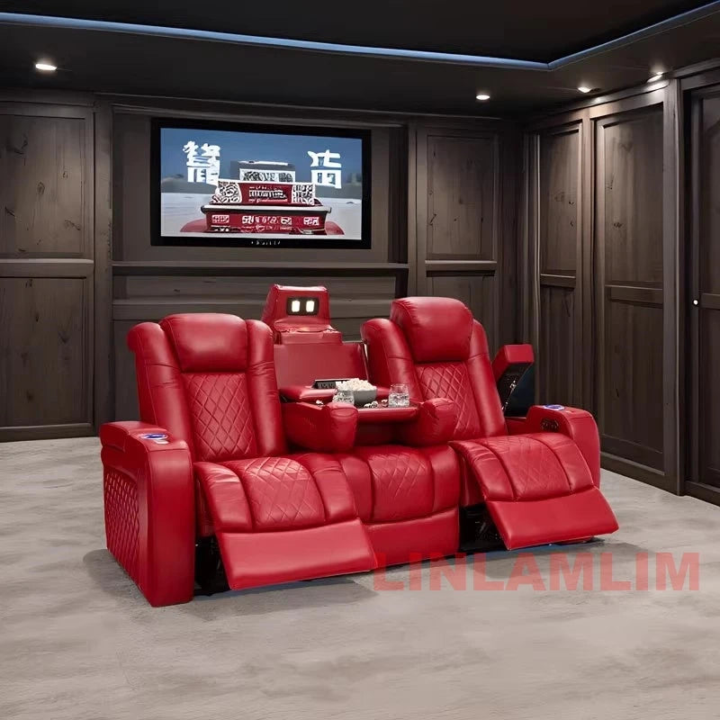 Luxury Dual Motors Power Reclining Sofa with LED Lighting, USB, Hidden Storage, Fold-Down Table & Tray – 3-Seat Recliner Sofa