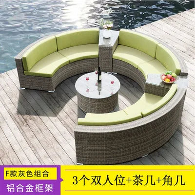 Outdoor round sofa, casual rattan curved sofa coffee table combination