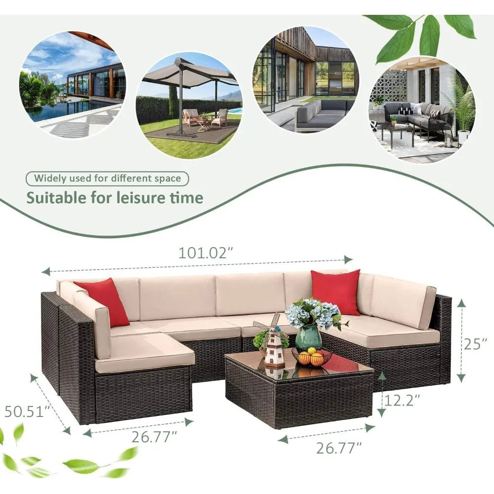 7 Pieces Outdoor Sectional Sofa Patio Furniture Sets Manual Weaving Rattan Patio Conversation Sets with Cushion and Glas