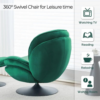 Green Velvet Swivel Chair and Ottoman Set for Living Room, Reading, TV Area, or Bedroom with 360-Degree Rotation