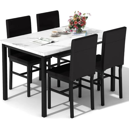Modern Dining Table Set for 4 with Faux Marble Top and Leather Chairs Small Space Kitchen Apartment White
