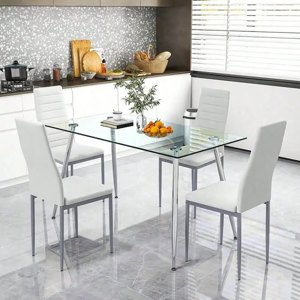 5 PCS 51'' Rectangle Dining Set 0.3'' Thick Glass Table w/ 4 Padded Dining