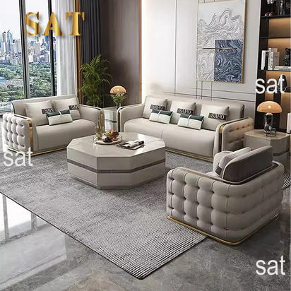 Luxury Modern Leather Couch Living Room High End Chesterfield Sofa Set Furniture With Gold Stainless Steel Decoration Villa Sofa