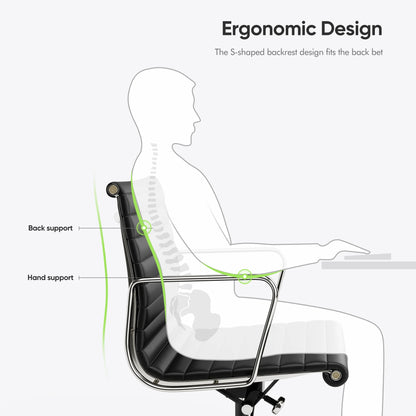 High Mid Back Ribbed Office Chair Genuine Leather Swivel Chair Adjustable Ergonomic Computer Chair with Aluminium Alloy Frame