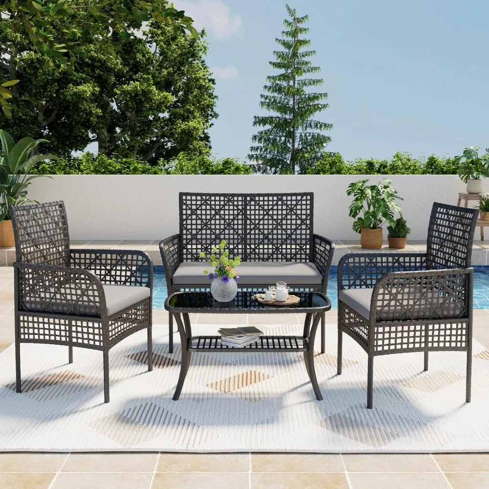 4-Piece Rattan Patio Sofa Furniture Set with Two-Tier Coffee Table, Weather-Resistant Upholstered Couch, Openwork Wicker Convers