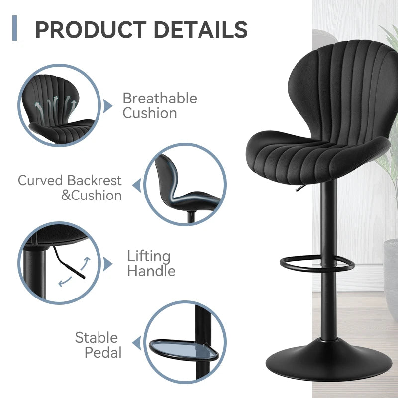 Chaise de bar 2 pièces, 360 °   Rotation, hauteur réglable, cuir artificiel rembourré avec dossier, adapté à la salle à manger