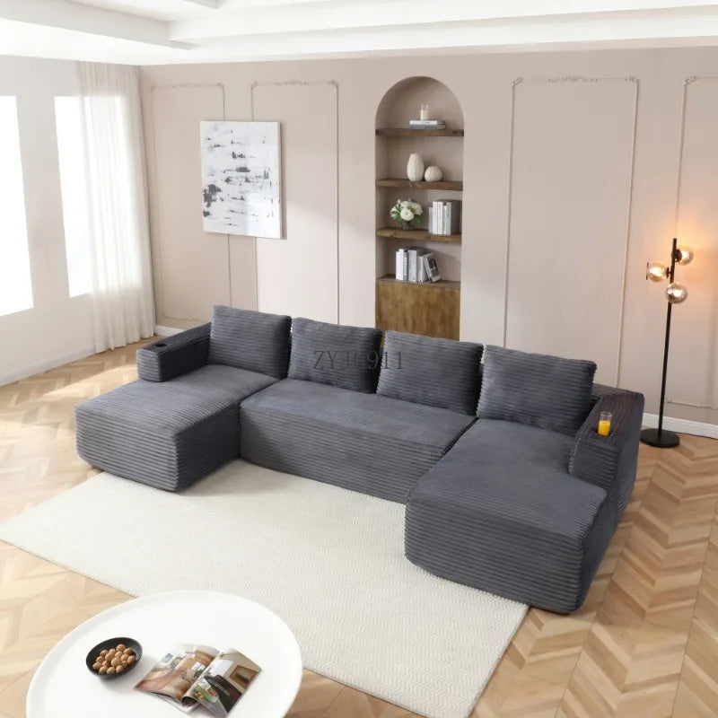 132-Inch boneless sofa, modern corduroy U-shaped modular section sofa, comfortable sofa with cup holder