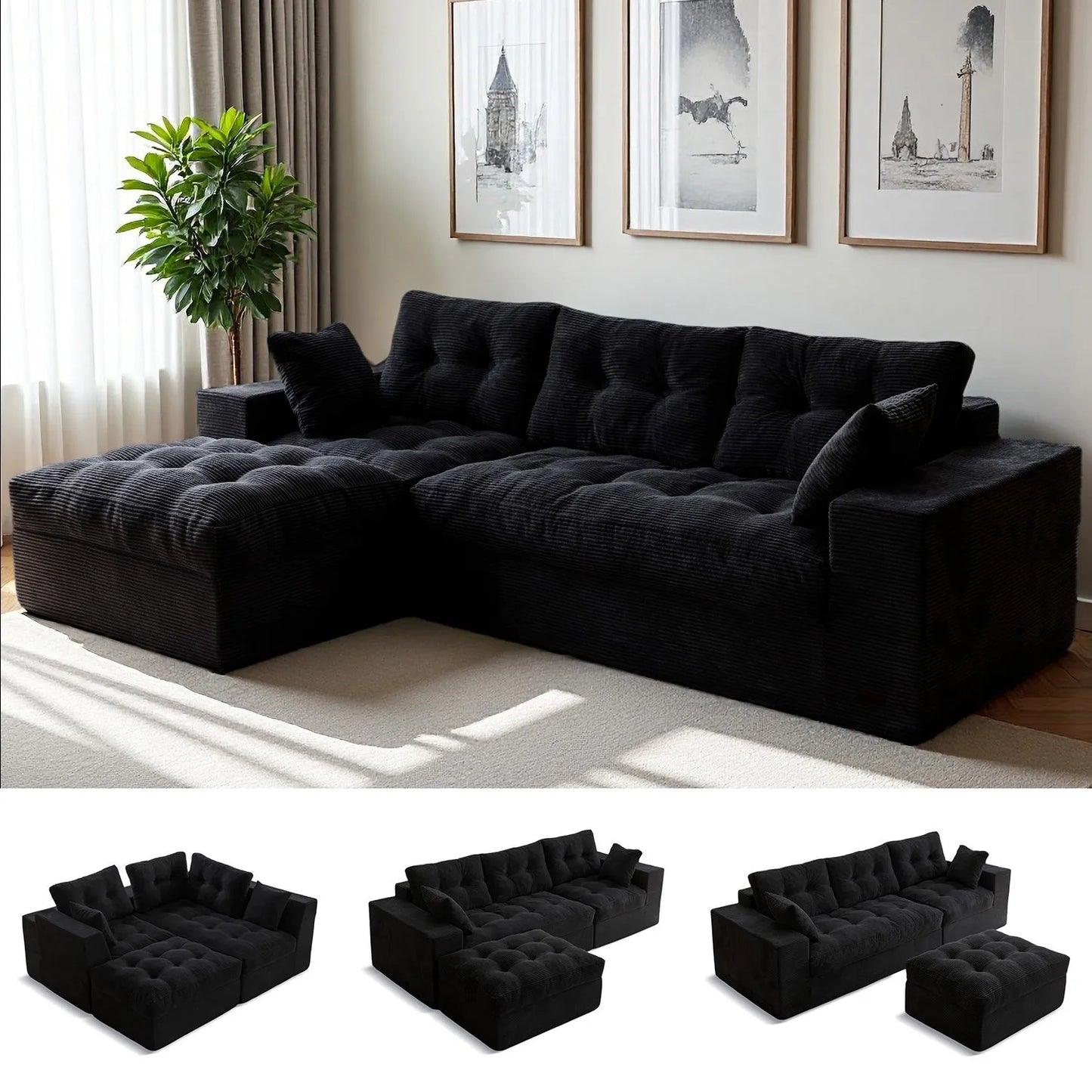 L-Shaped 104"Modular Sectional Cloud Couch with Ottoman,Oversized Boneless Couch