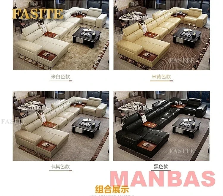 Italian Leather Couch With Heating Seat Cold Fridge Genuine Leather Sofa With Headrests USB, Stools And Storage Easy to clean