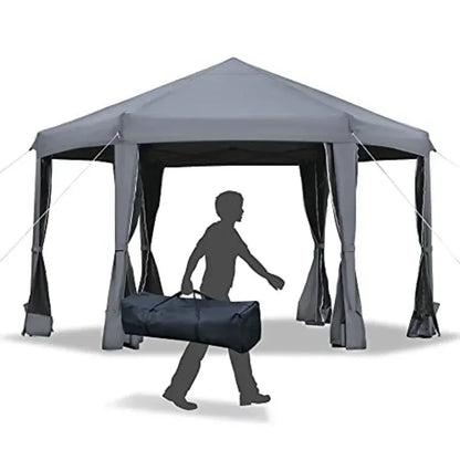 13' x 11' Hexagonal Pop Up Gazebo Heavy Duty Outdoor  Tent with 6 Mesh Sidewall Netting 3-Level Adjustable Height and Strong St