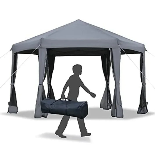13' x 11' Hexagonal Pop Up Gazebo Heavy Duty Outdoor  Tent with 6 Mesh Sidewall Netting 3-Level Adjustable Height and Strong St
