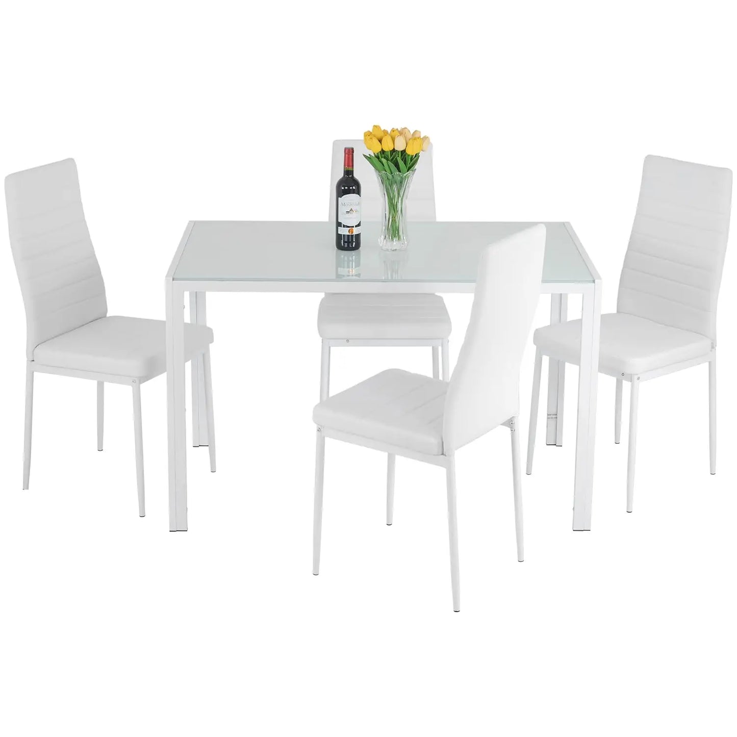 Dining Room Table Set 5-Piece Kitchen with 4 Faux Leather Metal Frame Chairs Rectangular Modern for Small Spaces w/Glass Tableto