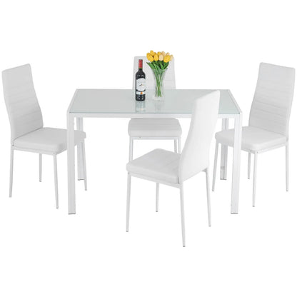 Dining Room Table Set 5-Piece Kitchen with 4 Faux Leather Metal Frame Chairs Rectangular Modern for Small Spaces w/Glass Tableto