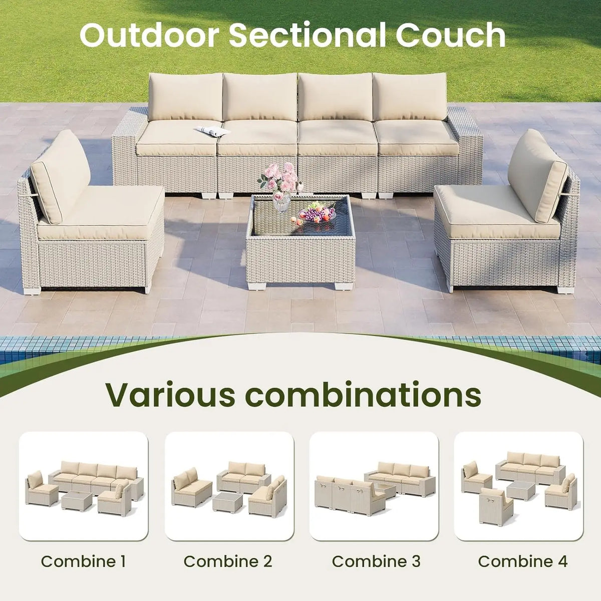 7 Pieces Outdoor Patio Furniture Set, Outdoor Sectional Furniture Set, All-Weather PE Rattan Wicker Sofa with, Customized