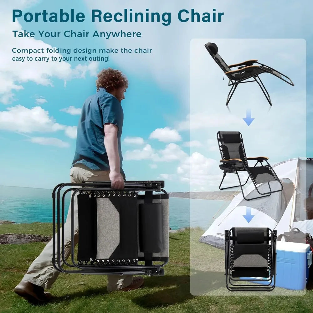 Zero Gravity Chairs, Oversized Patio Recliner Chair, Padded Folding Lawn Chair with Cup Holder Tray, Support 400lbs, Black