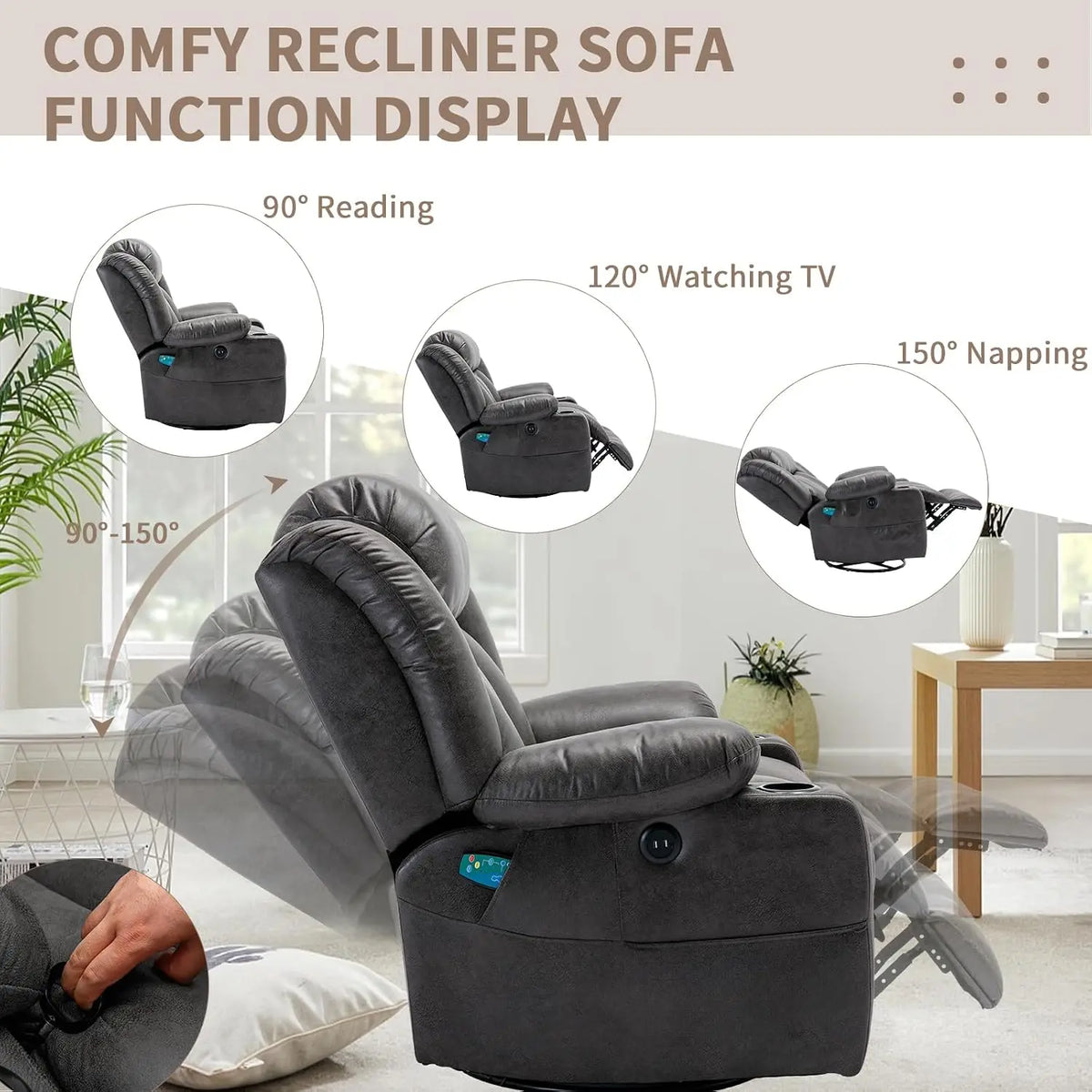 360° Swivel Rocker Recliner Chair Heat Massage Manual Glider Reclining USB Ports Grey