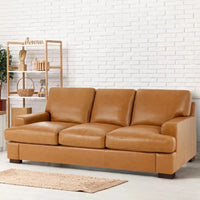 Genuine Leather Sofa - Luxurious Comfort, Goose Feather Cushion Filling, Square Arm Design, Sturdy Block Legs,