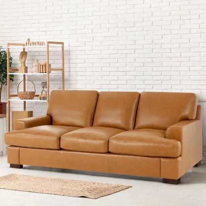 Genuine Leather Sofa - Luxurious Comfort, Goose Feather Cushion Filling, Square Arm Design, Sturdy Block Legs,