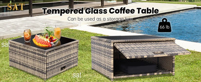 -8 Pieces Outdoor Wicker Rattan Patio Furniture Sectional Set,Glass Top Table Hidden Storage,7 Sofa Sections, Oversized Cushions