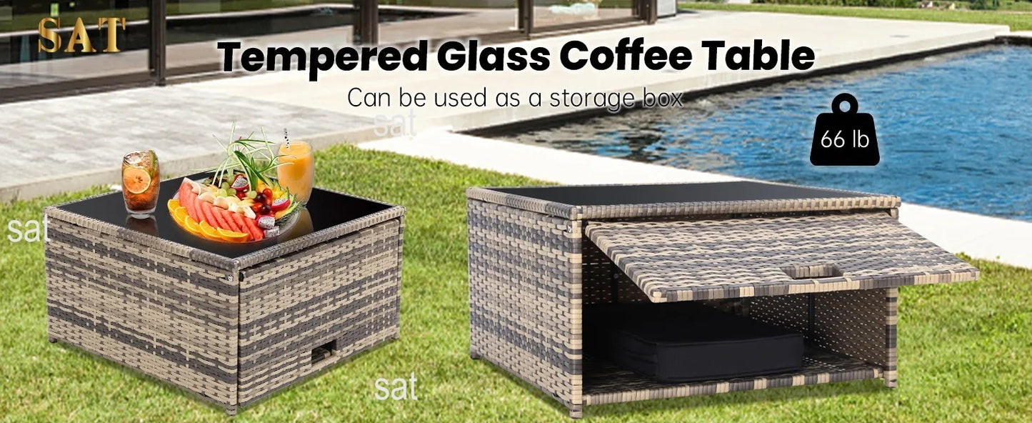 -8 Pieces Outdoor Wicker Rattan Patio Furniture Sectional Set,Glass Top Table Hidden Storage,7 Sofa Sections, Oversized Cushions