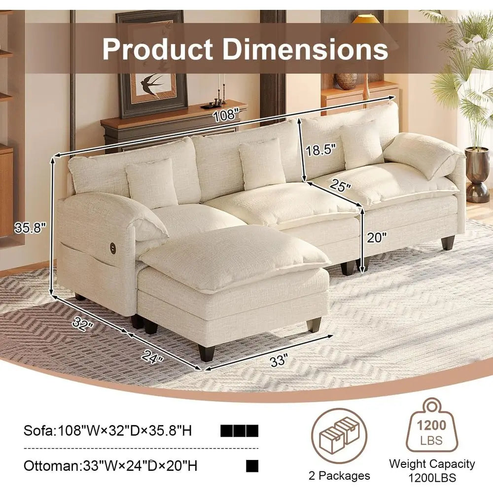 108 L-Shaped Chenille Sofa with Ottoman, Charging Station, Pockets & Pillows for Modern Living Rooms