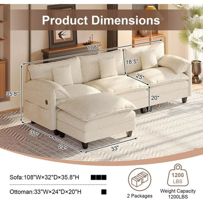 108 L-Shaped Chenille Sofa with Ottoman, Charging Station, Pockets & Pillows for Modern Living Rooms