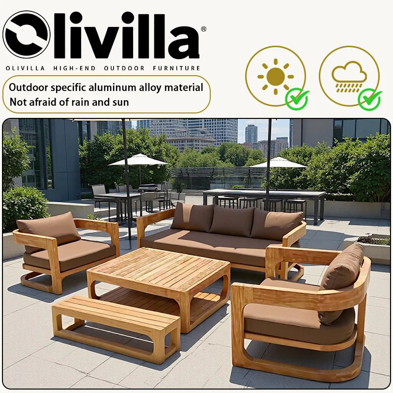 Leisure Open-air Courtyard Sofa Teak Villa Homestay Hotel Modern Outdoor Furniture Combination Waterproof Garden Wooden Sofa Set