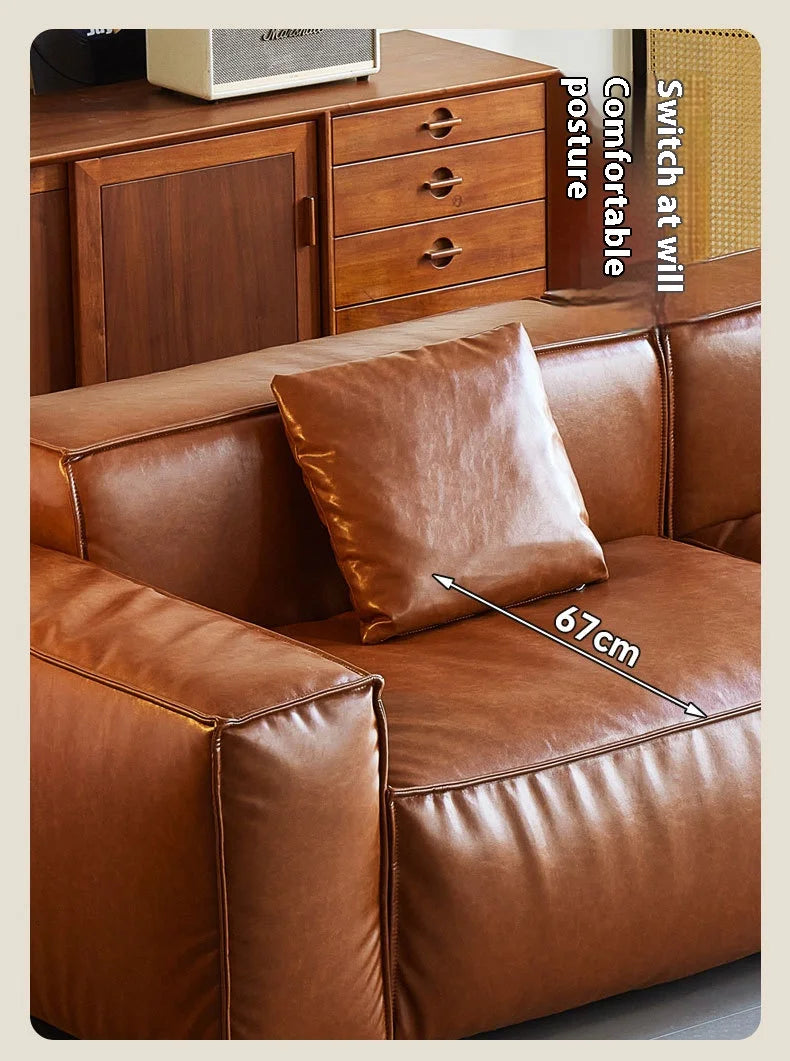 French Vintage Three-Person Genuine Leather Sofa Set in Ancient Caramel Tone for Small Living Rooms or Apartments