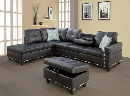 Sectional Sofa Couch, Modern 4-Seaters Living Room Furniture Sets with Chaise Lounge, Ottoman & 2 Pillows | L Shape Couch