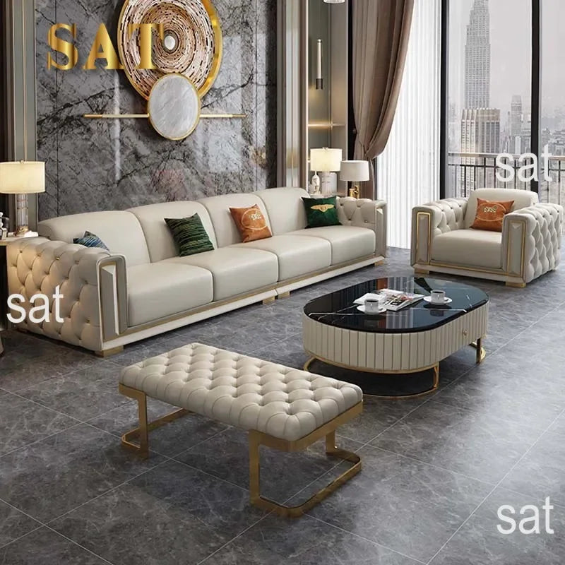 mHigh-end Stainless Steel And Titanium Edge Sofa Set Living Room Furniture Sponge Leather L Shape Sofas l