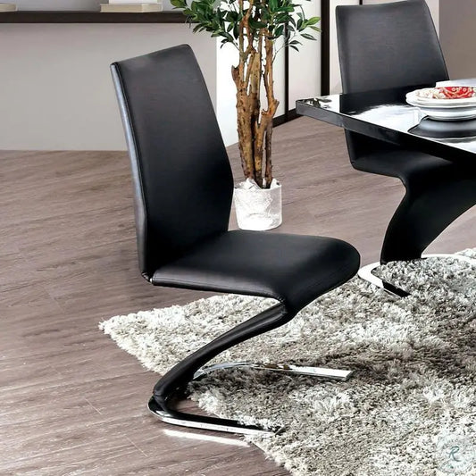 Contemporary Z-Shaped Chair Base - Set of 2 Dining Chairs - Black Leatherette with Chrome Finish - Stylish Side Chairs for