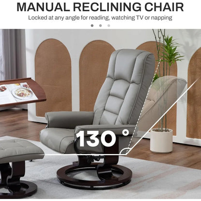 Faux Leather Reclining Chair, Swivel Ottoman Chair, Recliner with Ottoman with High Back and Wood Frame for Living Room, Gray