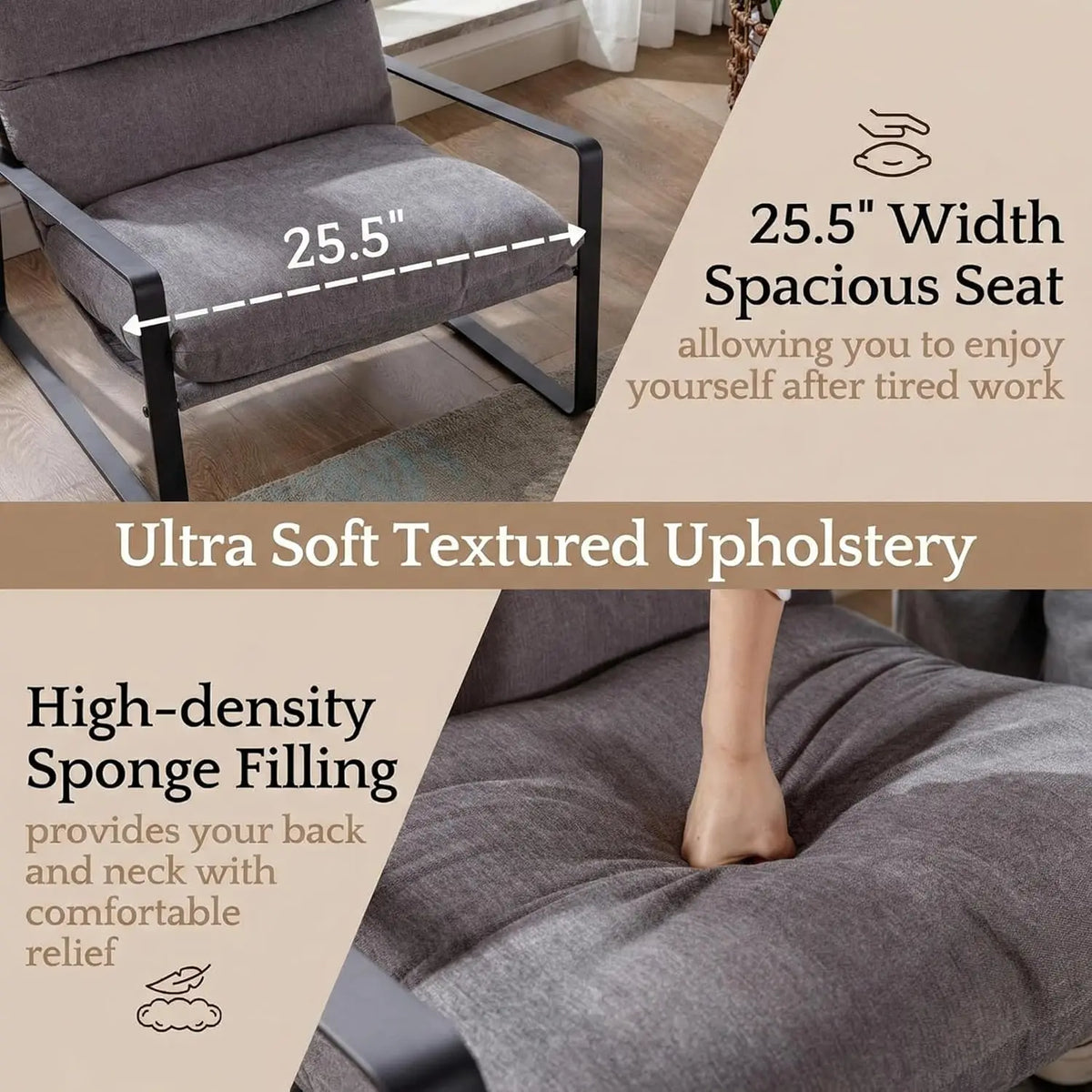 Modern Linen Accent Armchair Upholstered Living Room Chair with Metal Base Thickened Cushion Grey