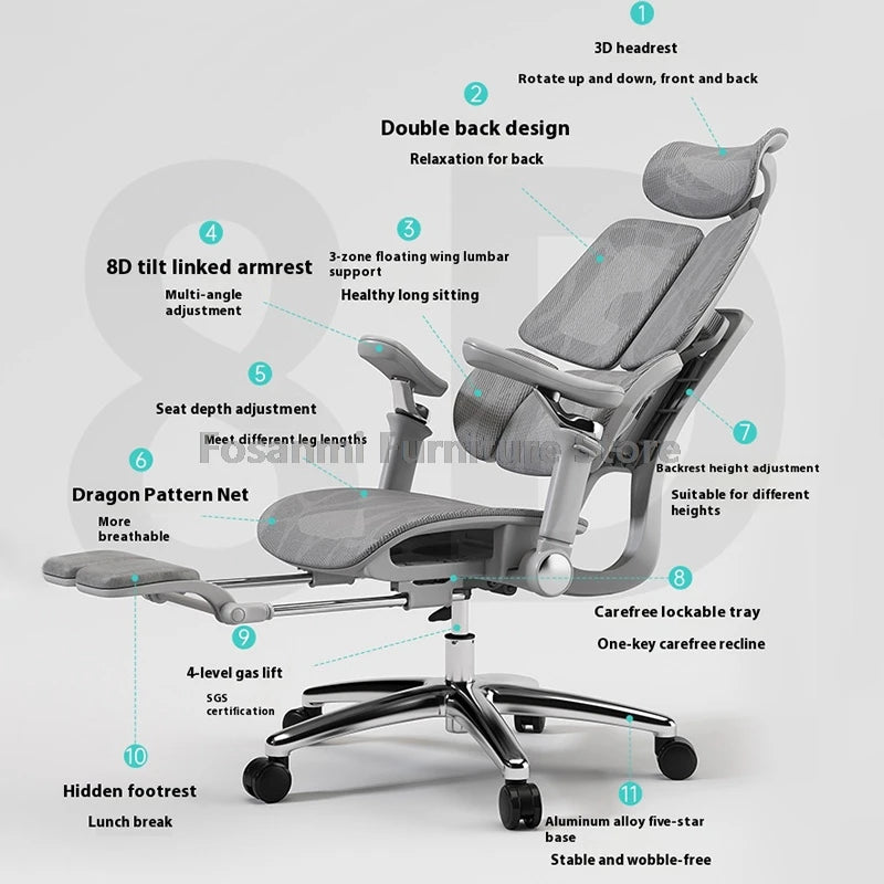 Multifunctional Ergonomic Mesh Office Desk Chair Adjustable Gaming Computer Chairs with Footrest Premium Home PC Swivel Recliner