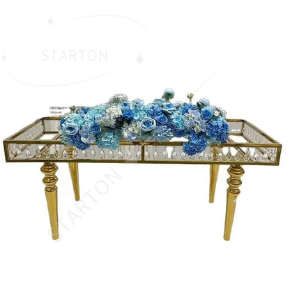 Modern Luxury Rectangle Gold Stainless Steel Banquet Table Crystal Glass Top Wedding Table for Wedding Event