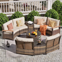 PatioLix 9 Piece Outdoor Patio Furniture Set, Half-Moon Curved Sectional Sofa Rattan Conversation Set with Wood Armrests, Coffee Table