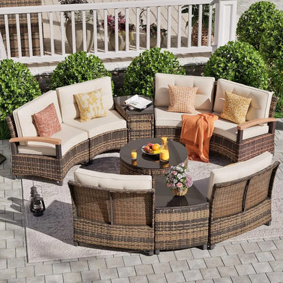 PatioLix 9 Piece Outdoor Patio Furniture Set, Half-Moon Curved Sectional Sofa Rattan Conversation Set with Wood Armrests, Coffee Table
